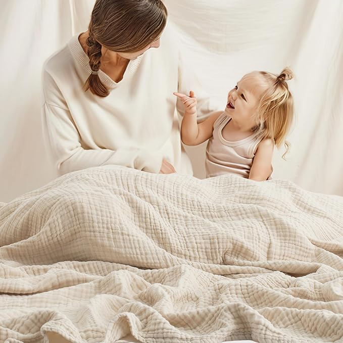 Carriediosa 100% Cotton Muslin Throw Blanket 90" X 90" Queen Size，4-Layers Summer Gauze Throws for Bed Couch，Soft Lightweight Breathable Linen Blankets Bedspread for Adults All Season，Khaki-StrideForce Fitness