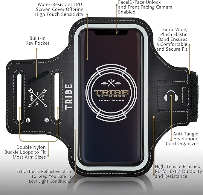 TRIBE Water Resistant Cell Phone Armband Case Running Holder for iPhone Pro Max Plus Mini SE (13/12/11/X/XS/XR/8/7/6/5) Galaxy S Ultra Plus Edge Note (21/20/10/9/8/7/6/5) Adjustable Strap & Key Pocket-StrideForce Fitness