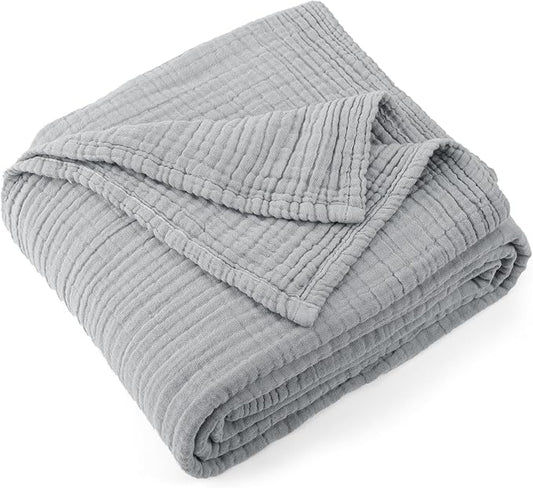 Carriediosa 100% Cotton Muslin Throw Blanket 108" X 90" King Size，4-Layers Summer Gauze Throws for Bed Couch，Soft Lightweight Breathable Linen Blankets Bedspread for Adults All Season，Grey-StrideForce Fitness