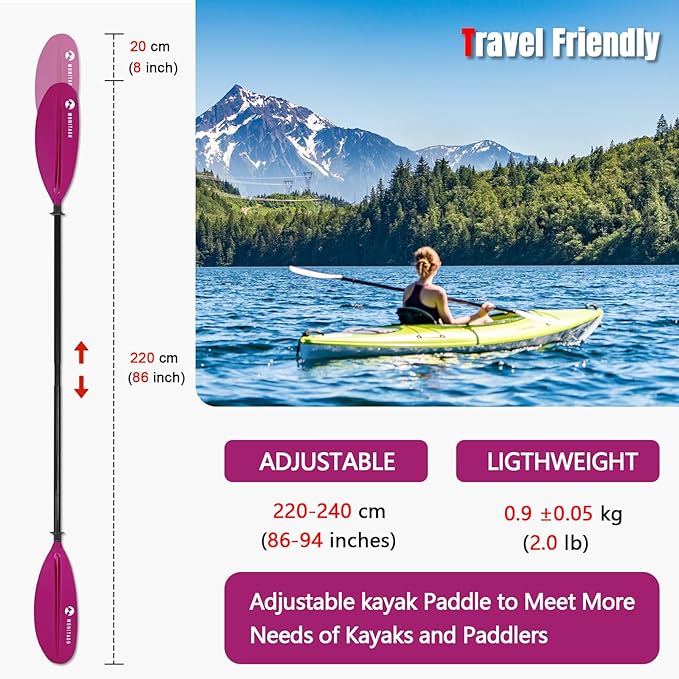Kayak Paddle Premium Carbon Fiber Paddle with Reinforced PP + Fiberglass Blade, Floating Adjustable Kayaking Oars, 3 Piece, 220-240 cm/86-94 Inches, 240-260 cm/94-102 Inches-StrideForce Fitness