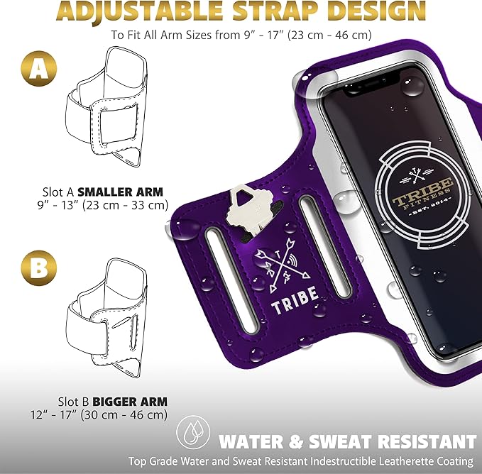 TRIBE Running Phone Holder Armband. iPhone & Galaxy Cell Phone Sports Arm Bands for Women, Men, Runners, Jogging, Walking, Exercise & Gym Workout. Fits All Smartphones. Adjustable Strap, CC/Key Pocket-StrideForce Fitness