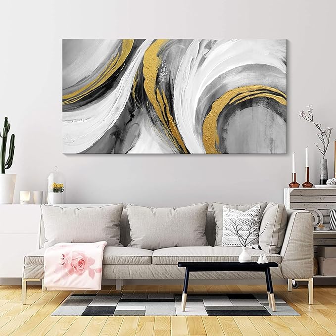 Abstract Bedroom Wall Art - Black and White Grey Abstract Gold Foil Hand Painted Texture Modern Canvas paintings for Living Room Kitchen Hallway Office Wall Decor 20x40 IN-StrideForce Fitness