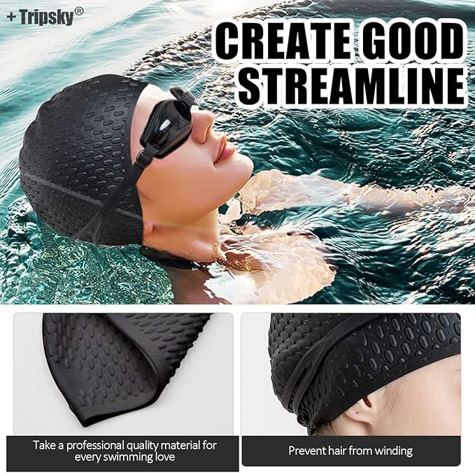Tripsky Silicone Swim Cap,Comfortable Bathing Cap Ideal for Curly Short Medium Long Hair, Swimming Cap for Women and Men, Shower Caps Keep Hairstyle Unchanged…-StrideForce Fitness