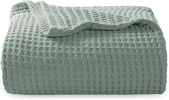 Bedsure 100% Cotton Large Throw Blanket for Couch 50x70 inches - Breathable and Soft, Waffle Weave Throw Blanket for Office, Sage Green-StrideForce Fitness