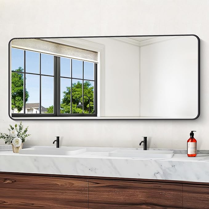72" x 30"Bathroom Mirror, Matte Black Wall Mirror with Metal Frame, Decorative Rectangular Vanity Mirror for Bedroom Bathroom Living Room Entryway (Horizontal/Vertical)-StrideForce Fitness