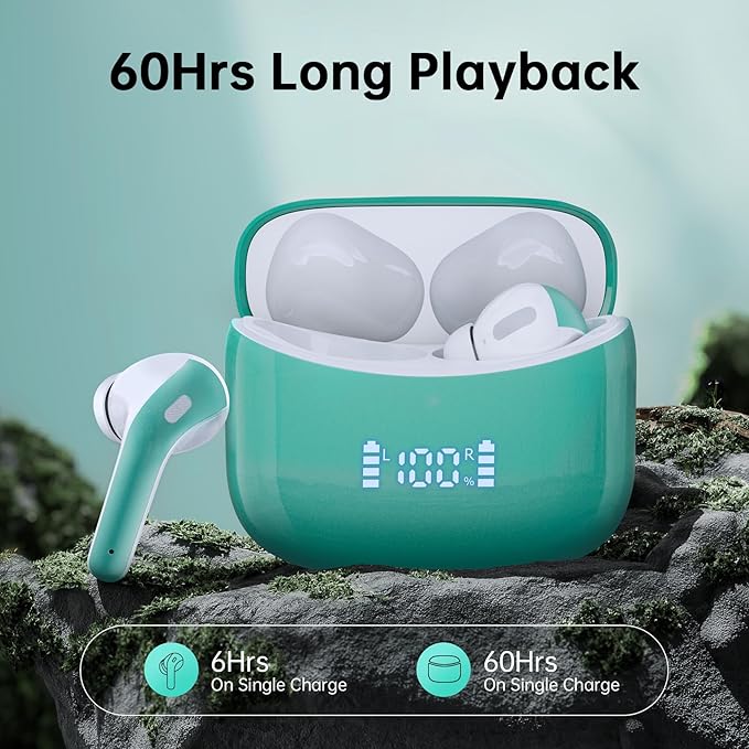 Wireless Earbuds, Bluetooth Ear Buds Headphones, 60H Long Playtime, Stereo Deep Bass, LED Power Display, IPX7 Sport Waterproof, Lightweight in-Ear Earphones with Mic for iPhone Android PC TV Computer-StrideForce Fitness