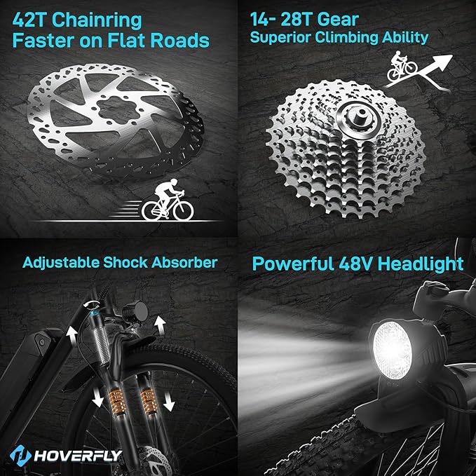 HOVERFLY OUREA 26" Electric Bike for Adults, 750W Peak Motor Mountain Ebike, 20MPH Up to 40 Miles, UL2849 Certified, 7-Speed, Removable Battery, Shock Absorber, Fat Tire Commuter E-Bike-StrideForce Fitness
