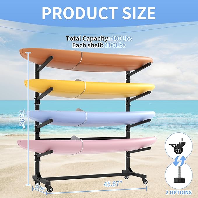 Kayak Storage Rack, Heavy Duty Kayak Stand Canoe Rack with Wheels, Freestanding Kayak Holder Stand for Kayaks, Canoes, Surfboard, Paddleboard Storage-StrideForce Fitness