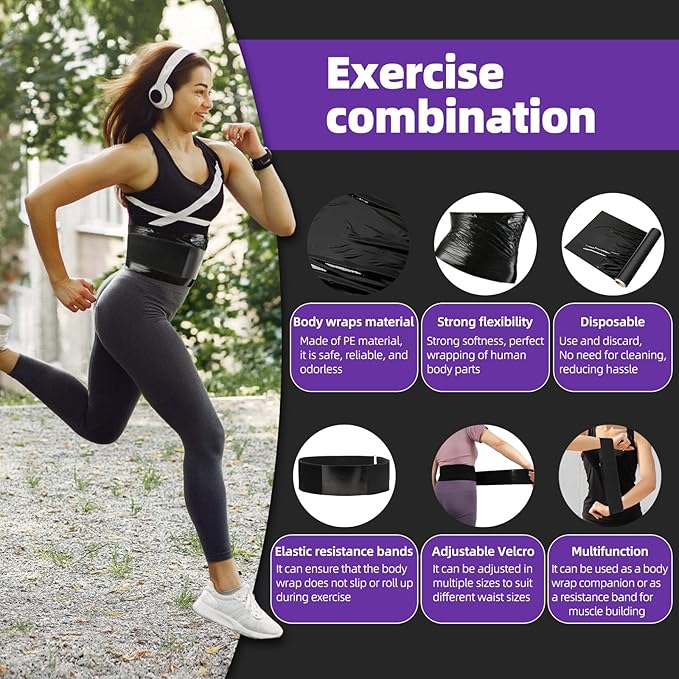 4 Rolls 60 Meters Black Osmotic Plastic Body Wrap Exercise & Fitness Sweat Enhancer Anti-Shedding Yoga Training Band Set, DIY Sauna Wrap Pilates Workout-StrideForce Fitness