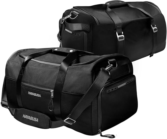 Hayabusa Airstream Athletic Duffle Gym Bag for Women and Men - Black, 50l duffle bag - 7 zippered Pockets, Good for travel, Boxing, MMA, BJJ, kickboxing, Muay Thai, wrestling, Glove/Shoe Compartment-StrideForce Fitness