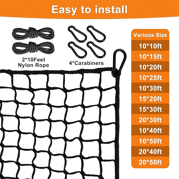 Nylon Golf Net 10-50ft - Practice Hitting Net With Rope and Carabiners, Durable Weatherproof Barrier for Baseball, Hockey, Soccer-StrideForce Fitness