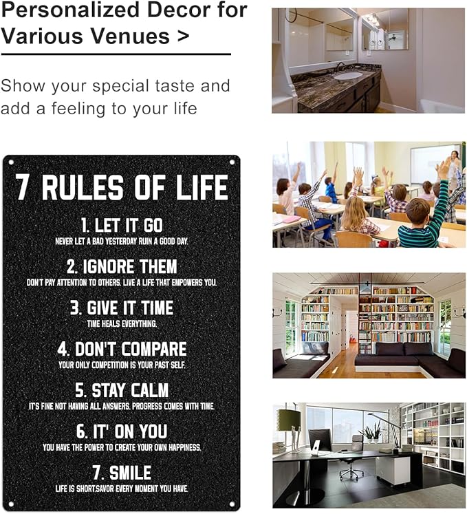 ALKB Inspirational Metal Sign for Teen Bedroom Decor - Motivational Wall Decor for Bedroom Office Girls, Boys, Teenager - 7 Rules of Life 8x12 Inch-StrideForce Fitness
