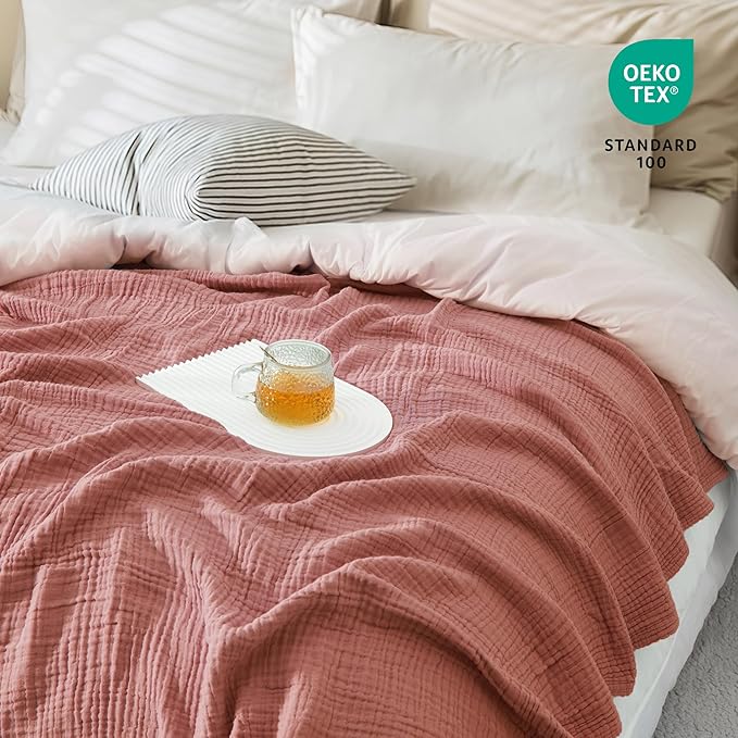 Carriediosa 100% Cotton Muslin Throw Blanket 66" X 90" Twin XL Size，4-Layers Summer Gauze Throws for Bed Couch，Soft Lightweight Breathable Linen Blankets Bedspread for Adults All Season，Mauve-StrideForce Fitness