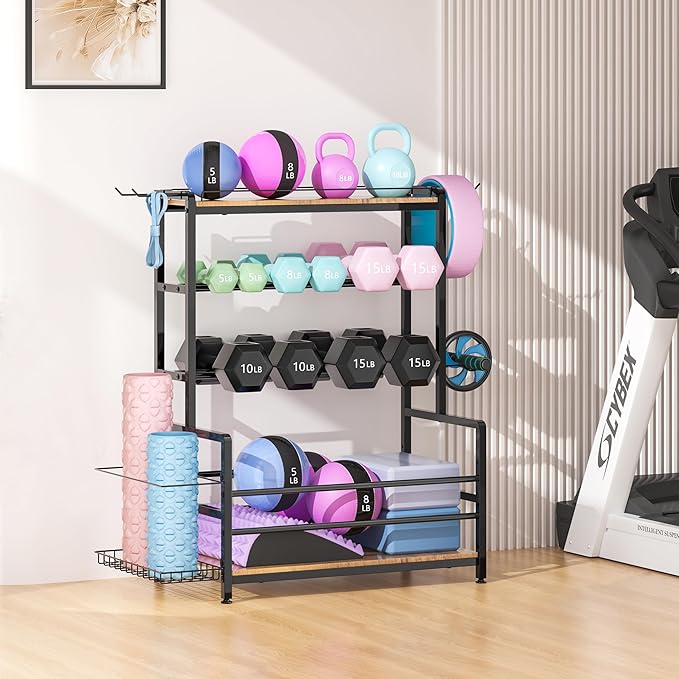 Gym Home Equipment Weight Rack – 3‑Tier Workout Storage Stand for Dumbbells & Kettlebells, Medicine Ball Holder, 460 lb Steel Organizer with Yoga Mat Basket, Hooks, Adjustable Feet, 24 x 16 in-StrideForce Fitness
