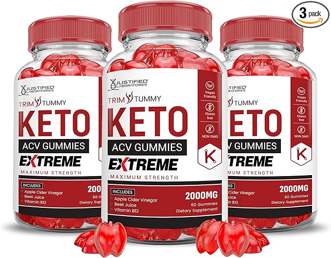 (3 Pack) Trim Tummy Keto ACV Gummies Extreme 2000MG Trim Tummy Keto Gummies Apple Cider Vinegar Formulated with Pomegranate Beet Juice Powder B12 Vegan Non GMO 180 Gummys-StrideForce Fitness