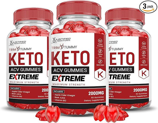 (3 Pack) Trim Tummy Keto ACV Gummies Extreme 2000MG Trim Tummy Keto Gummies Apple Cider Vinegar Formulated with Pomegranate Beet Juice Powder B12 Vegan Non GMO 180 Gummys-StrideForce Fitness
