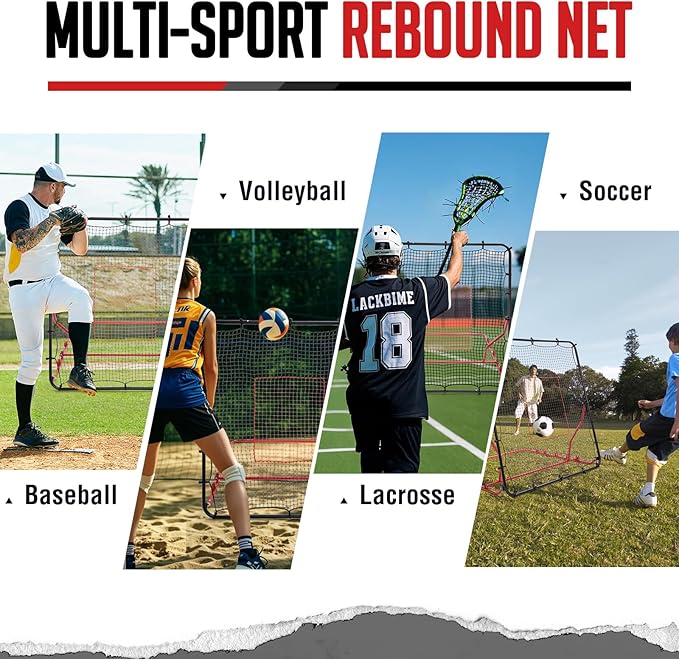 Baseball Rebounder Net, 3/5 Adjustable Angles 4x4.5FT Pitch Back Baseball Softball Volleyball Rebounder with 2 Strike Zones, UV Resistant, Pitchback Trainer for Ground, Line Drive & Fly Balls-StrideForce Fitness