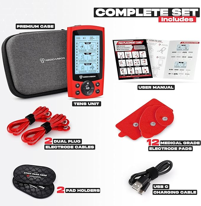 TENS Unit Muscle Stimulator, Electronic PMS Pulse Massager Machine for Shock Physical Therapy, Back Pain Relief, Shoulder Recovery, Red-StrideForce Fitness