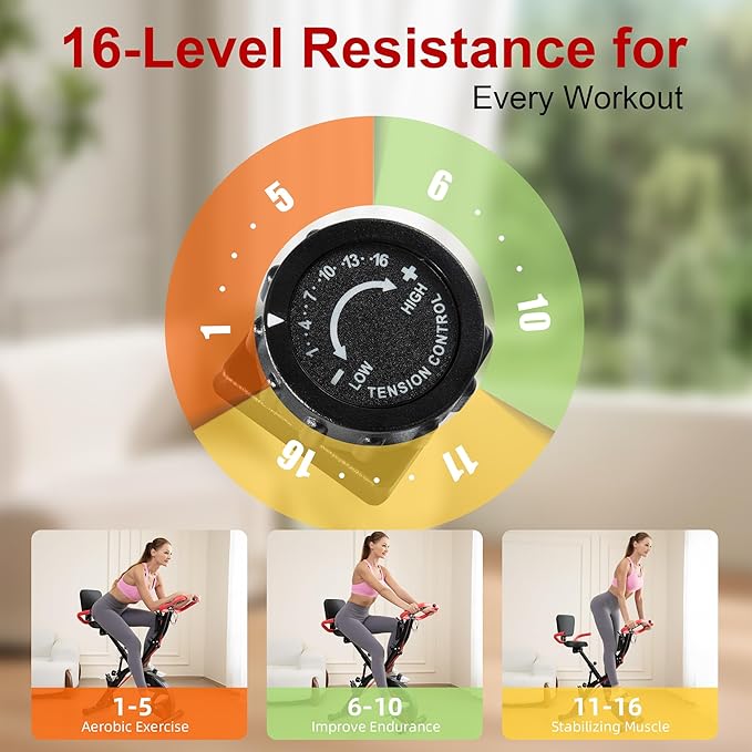 BARWING Stationary Exercise Bike for Home Workout, 5 IN 1 Foldable Indoor Cycling Bike for Seniors, 350LB Capacity, 16-Level Magnetic Resistance, Seat Backrest Adjustments-StrideForce Fitness