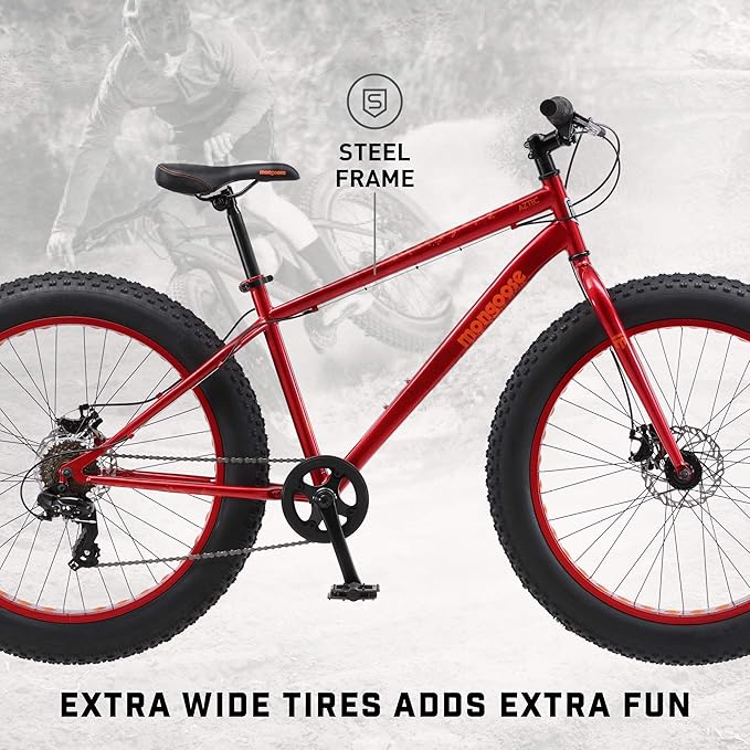 Mongoose Aztec Mens and Womens Fat Tire Bike, 18-Inch Steel Frame, 26-Inch Wheels, 4-Inch knobby tires, Red-StrideForce Fitness