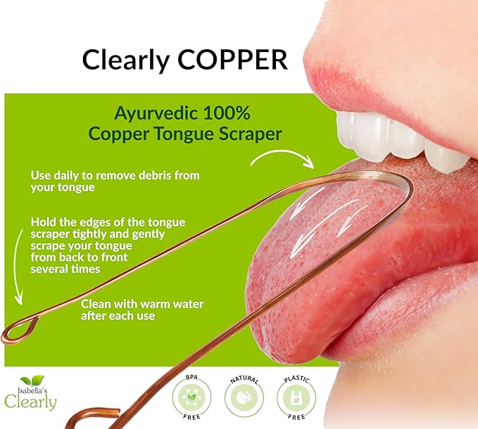 Isabella's Clearly 100% Pure Copper Tongue Scraper | Ayurvedic Metal Tongue Cleaner, BPA Free, for Adults and Kids | Natural Oral Care for Fresh Breath and Improved Oral Hygiene