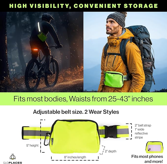 Reflective Belt Bag Night Sash for Night Safety - High Visibility Hip Bag Waist Pack with Large Storage Pouch - Adjustable Night Fanny Pack for Dog Walking, Hiking, Biking-StrideForce Fitness