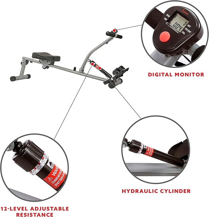 Sunny Health & Fitness Compact Adjustable Rowing Machine with 12 Levels of Resistance for Complete Body Workouts and Optional Free SunnyFit App Enhanced Connectivity-StrideForce Fitness