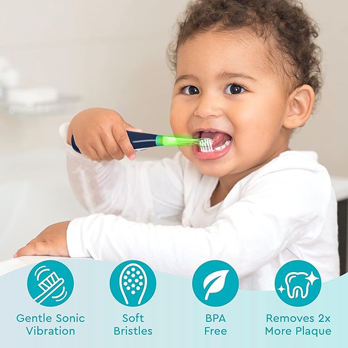 Brusheez Little Toddlers’ Sonic Toothbrush - Safe & Gentle Toothbrush for Ages 1-3 with Built-in, Light-Up 2-Minute Timer, Extra Brush Head, & Storage Base for First-Time Brushers (Parker The Panda)