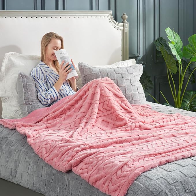 Cozy Bliss Faux Fur Throw Blanket for Couch, Jacquard Fuzzy Plush Soft Thick Winter Throw Blanket for Sofa Bed Living Room Bedroom, 50 * 60 Inches Hot Pink-StrideForce Fitness