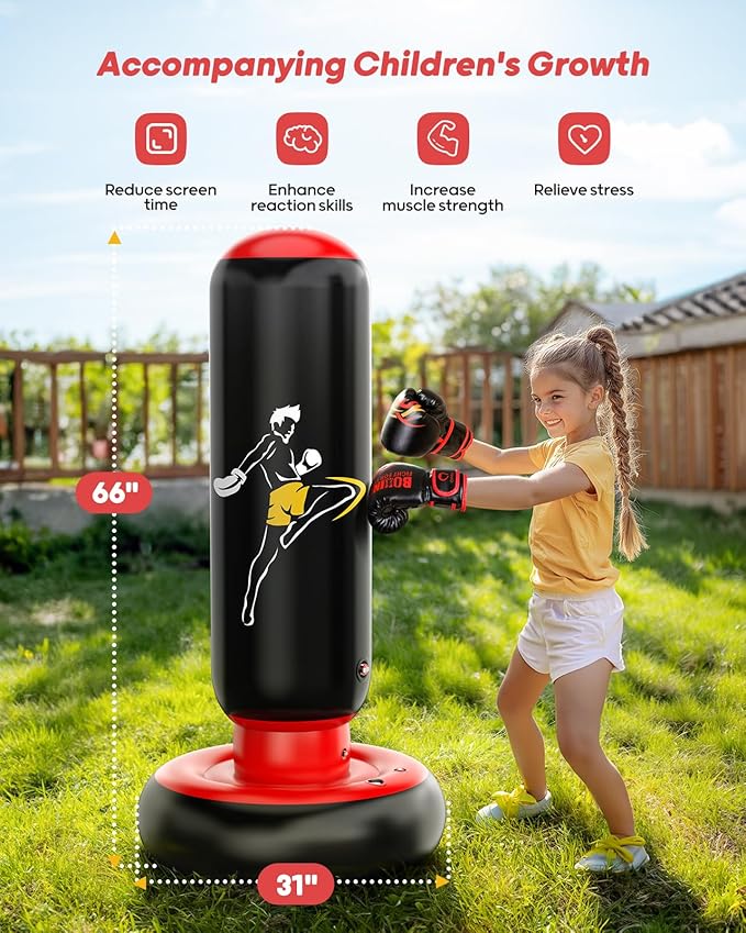 QPAU Kids Punching Bag Toy with Boxing Gloves, 66 Inch Larger Stable Kids Inflatable Boxing Bag Set, Gifts for Boys & Girls Age 6-12, for Practicing Karate, Taekwondo, MMA-StrideForce Fitness