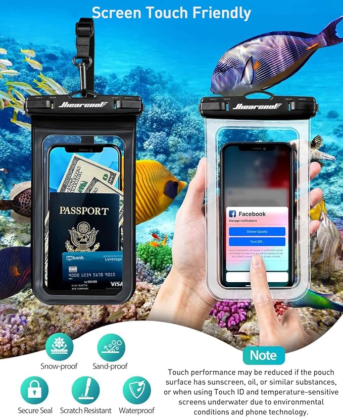 Hiearcool Universal Waterproof Phone Pouch,Underwater Dry Bag for iPhone 17 16 15 14 13 Pro Max XS Plus up to 8.3",IPX8 Cell Phone Case for Cruise Travel Essentials-Black&Clear-2Pack-StrideForce Fitness