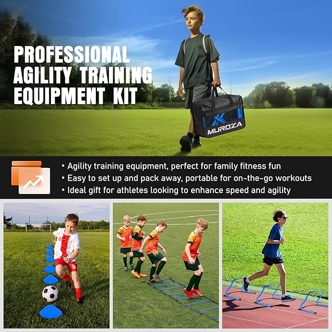 Agility Ladder, Speed Training Equipment Set, 20ft Agility Ladder, 12 Soccer Cones, 4 Hurdles, Jump Rope, Running Parachute, Basketball Football Soccer Training Equipment for Kids, Youth, Adults-StrideForce Fitness