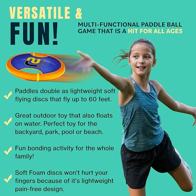 Fun Bouncy Paddle & Stringy Ball Toss & Catch Game - Easy to Use for Kids All Ages - Soft Foam Design for Safe Play Indoors or Outdoors - Also Works as Flying Disc - Great Gift Idea for Boys & Girls-StrideForce Fitness