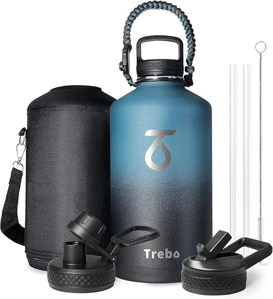 Trebo One Gallon Water Bottle Insulated with Paracord Handle,128oz Large Stainless Steel Water Jug,Vacuum Double Wall Insulated 24hr Cold Retention,Leakproof Flask with 3 Lids,Indigo Black-StrideForce Fitness