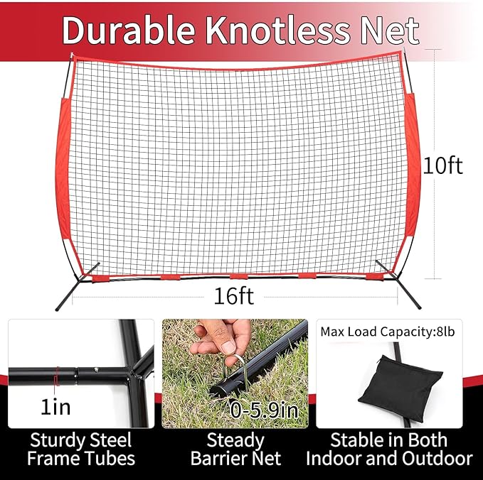 7x7/16x10/20x10ft Backstop Net, Ball Stop Net with Handbag,Fix Sports Net Barrier by 4 Spike&2 Sandbag,Sports Practice Barrier Net for Baseball,Softball,Lacrosse Train,Backstop Net for Backyard-StrideForce Fitness