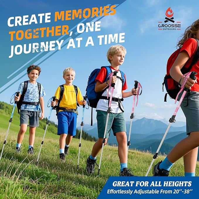 Lightweight Collapsible Kids Hiking Poles - Retractable Kids Hiking Stick, Telescoping Aluminum Trekking Poles 2 Pack, Adjustable Kids Ski Poles by Croosse-StrideForce Fitness