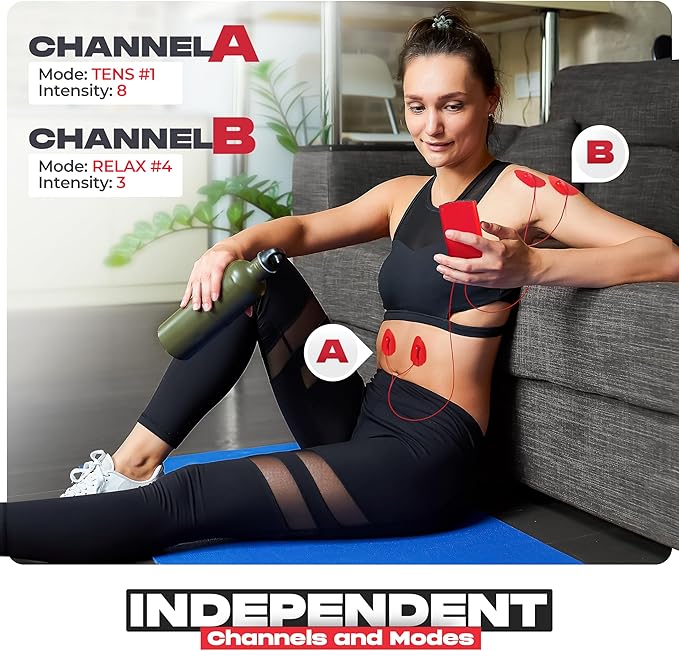 TENS Unit Muscle Stimulator, Electronic PMS Pulse Massager Machine for Shock Physical Therapy, Back Pain Relief, Shoulder Recovery, Red-StrideForce Fitness