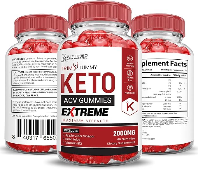 Justified Laboratories (5 Pack Trim Tummy Keto ACV Gummies Extreme 2000MG Trim Tummy Keto Gummies Apple Cider Vinegar Formulated with Pomegranate Beet Juice Powder B12 Vegan Non GMO 300 Gummys-StrideForce Fitness