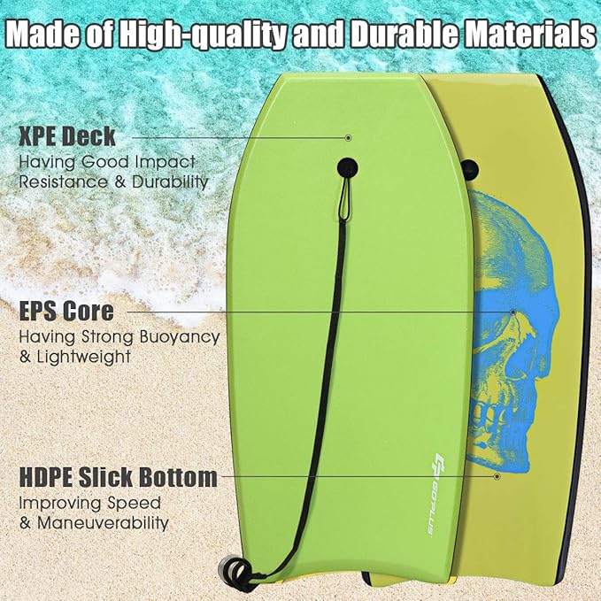 Goplus 41''/37''/33'' Lightweight Body Board for Beach, Surf Board with EPS Core, XPE Deck, HDPE Slick Bottom, Wrist Leash, Bodyboard for Kids Adults Surfing-StrideForce Fitness
