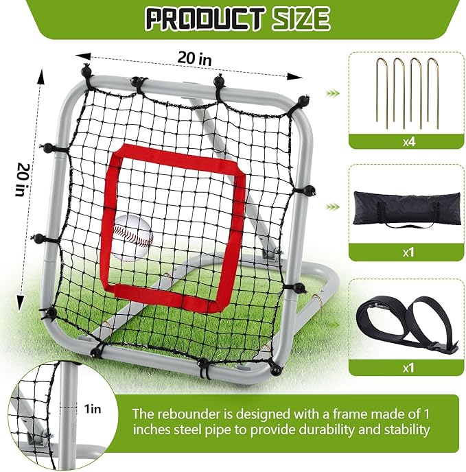 3' x 3'/1.67' x 1.67' Pro Portable Baseball and Softball Rebounder Adjustable Heavy Duty Pitch-Back Net with Bag Strap Fielding Trainer Net 3 Angles Ground Balls Line Drives Pop Flies-StrideForce Fitness