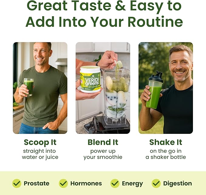 Veridi Greens for Men 40+ | Daily Superfood Greens Powder for Prostate Health, Hormone & Energy Support | Premium USA Blend with Spirulina, Saw Palmetto, Zinc & Enzymes-StrideForce Fitness
