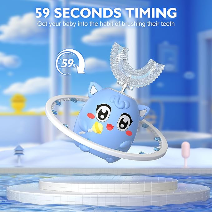 Kids Electric U Shaped Toothbrush Children Rechargeable Sonic Toothbrush with 6 Soft Brush Head Automatic Full Mouth 6 Cleaning Modes - (Age 8-15 Yellow)