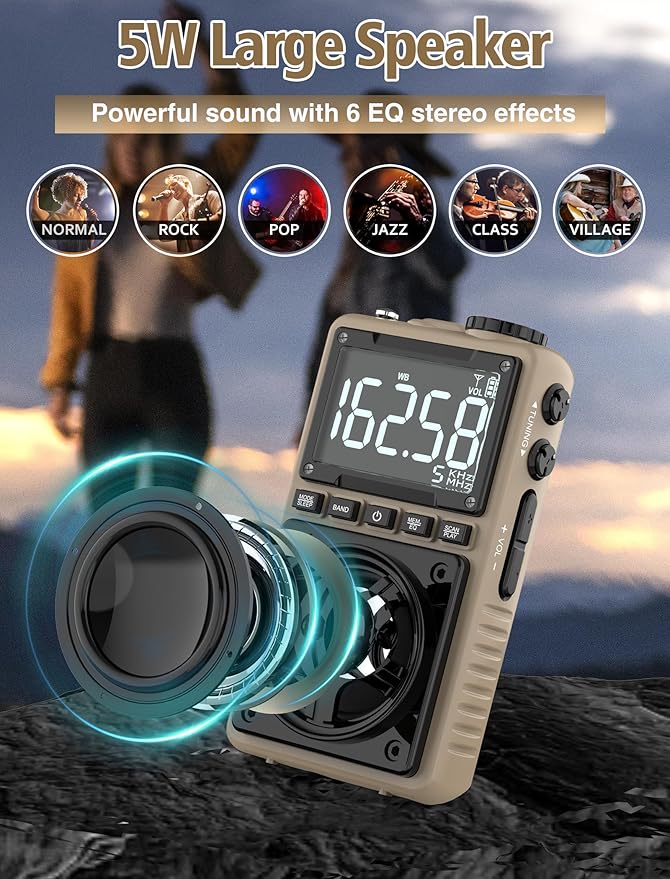Bluetooth AM FM Shortwave Radio with NOAA Weather Alert,1250mAh Rechargeable Portable Pocket Radio with Best Reception,5W Big Speaker, Digital Tuner and Earphone,Support SD Card and USB Player（Brown）-StrideForce Fitness
