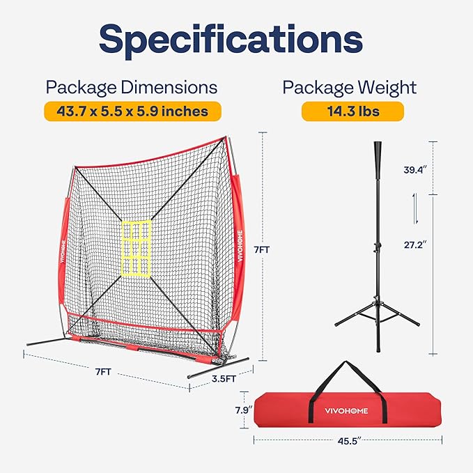 VIVOHOME Baseball Softball Hitting Net with Large Ball Collection System, 7 x 7 ft Baseball Batting Pitching Net with Tee, 2 Strike Zone, Carry Bag-StrideForce Fitness