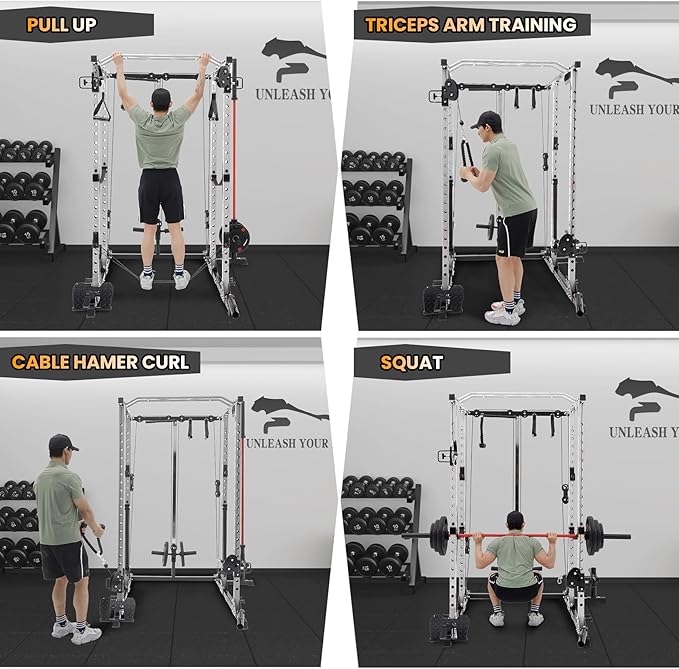 GaveeLife Power Cage, 2000 LBS Power Rack with Cable Cross-Over System, Multi-Functional Strength Training Squat Rack with LAT Pull Down System, Home Gym Equipment with Training Attachment, Red-StrideForce Fitness