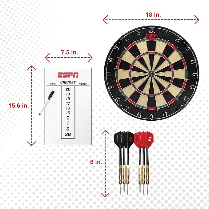 ESPN Dart Board Includes 6 Steel Tip Darts, Bristle Dartboard with Radial Spider Wire and Staple Free Bullseye, Ideal Party Games for Adults-StrideForce Fitness
