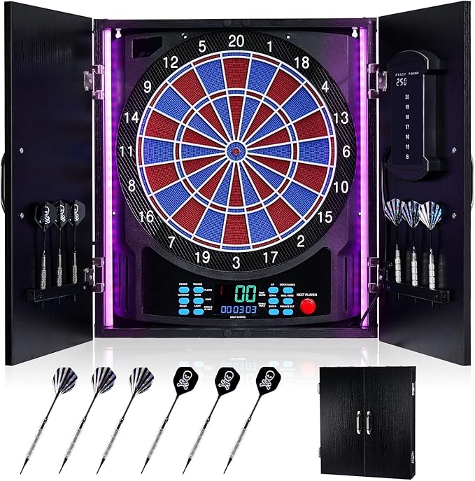 Electronic Dart Board, Electric Dartboard Cabinet Set for Adults [6 Soft Tip Darts] Individual Light Color for Each Player- Wooden Dartboard Cabinet for Family Game [Black]-StrideForce Fitness