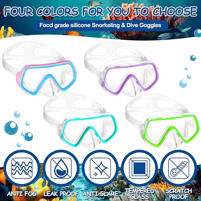 Hoolerry 4 Pcs Kids Nose Goggles Swim Goggles with Nose Cover for 3-8 Tempered Glass Snorkel Dive Mask Anti Fog with Elastic Strap No Leak Swimming Mask for Summer Diving Snorkeling-StrideForce Fitness
