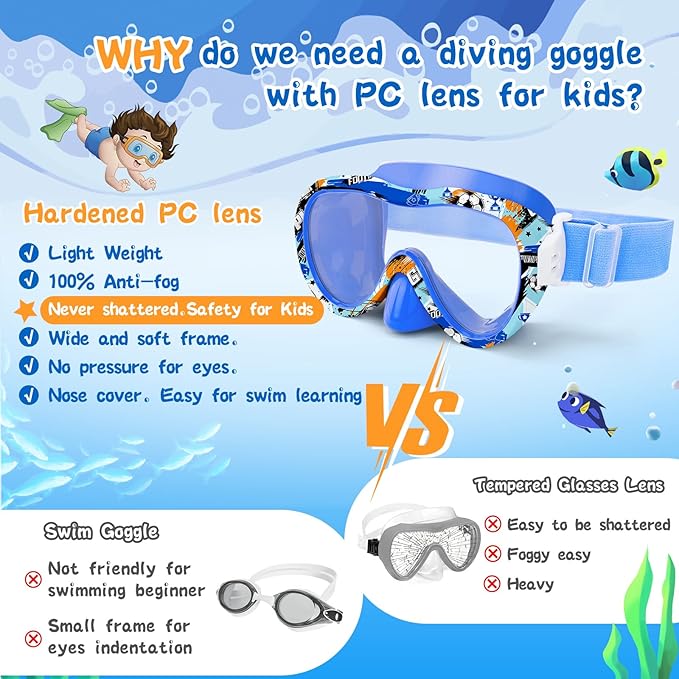 Kids Swim Goggles 180° Snorkel Diving Mask with Nose Cover, Anti-Fog Kids Swimming Goggles with Elastic Fabric Strap for Kids Boys Girls-StrideForce Fitness
