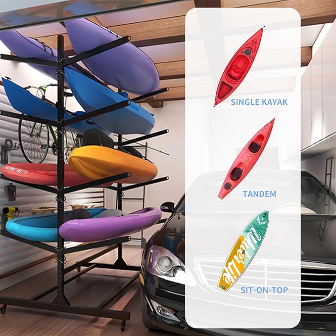Kayak Storage Rack, Heavy Duty Kayak Stand Canoe Rack with Wheels, Freestanding Kayak Holder Stand for Kayaks, Canoes, Surfboard, Paddleboard Storage-StrideForce Fitness